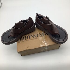 Obiono Women's‎ Retro Leather Shoes Thong Sandals Platforms Brown New With Box